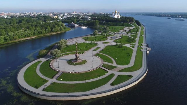 The Strelka of the rivers Volga and Kotorosl. Yaroslavl, Russia (aerial video)