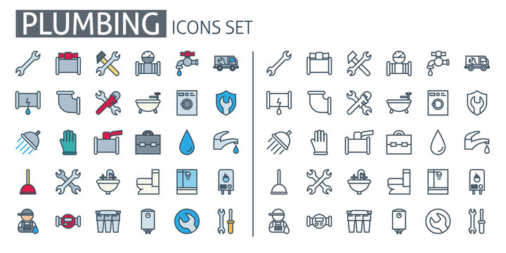 Plumbing supplies service icons set. Thin line web symbols outline flat with bathroom