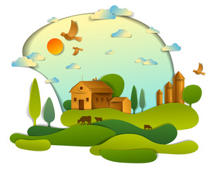 Scenic landscape of farm buildings among meadows trees and birds in the sky, vector illustration of summer time relaxing nature in paper cut style. Countryside beautiful ranch.