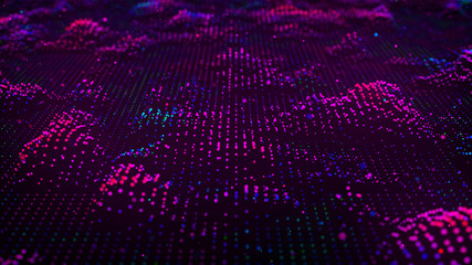 Cybernetic futuristic background. Big data visualization. Technological 3D landscape. Abstract grid illustration. 3D rendering. Artificial intelligence.