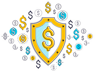 Shield and dollar set of icons, financial security concept, armor business defender, finance protection, vector flat thin line design, elements can be used separately.