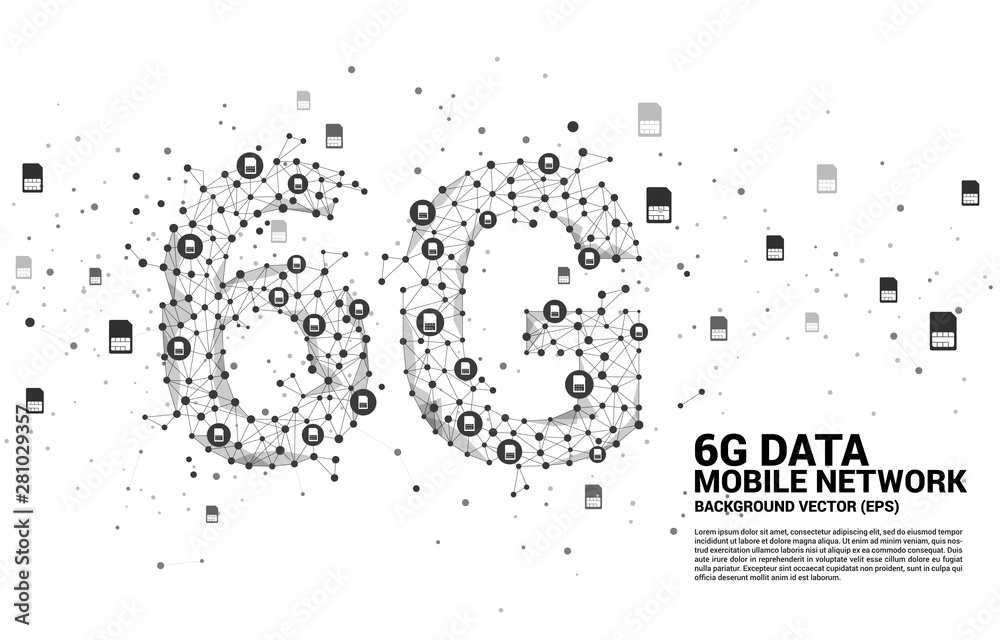 Poster Vector Polygon dot connect line with sim card shaped 6G mobile network. Concept for mobile phone data technology.