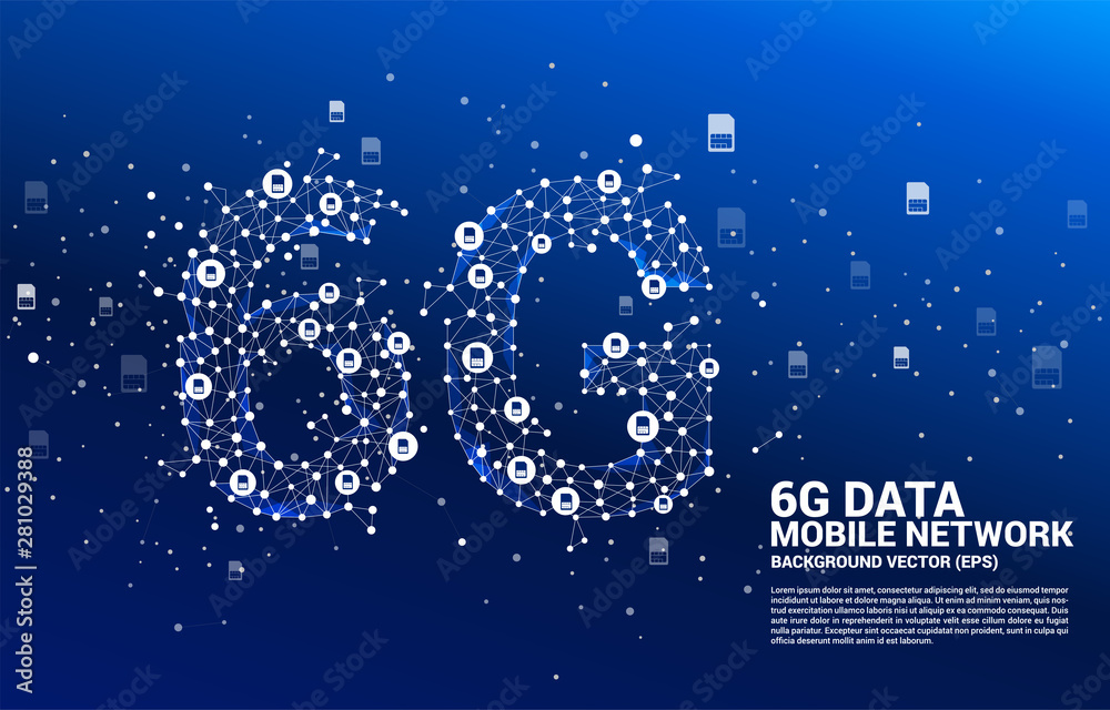 Poster Vector Polygon dot connect line with sim card shaped 6G mobile network. Concept for mobile phone data technology.