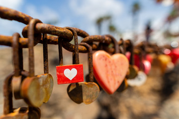 Heart locks on the wall Lanzarote.  Canary islands, Spain.