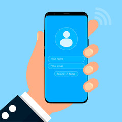 The hand holds the phone on the screen which displays the registration of a person on anything.