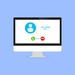 The computer with the call interface on the screen is shown on a blue background.