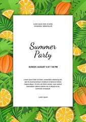 Paper cut white sheet with heavy foliage and citrus orange. Green jungle leaves and slice fruit frame. Vector card illustration with place for advertising text, party invitation, announcements