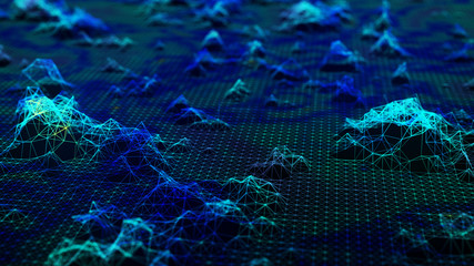 Cybernetic futuristic background. Big data visualization. Technological 3D landscape. Abstract grid illustration. 3D rendering. Artificial intelligence.