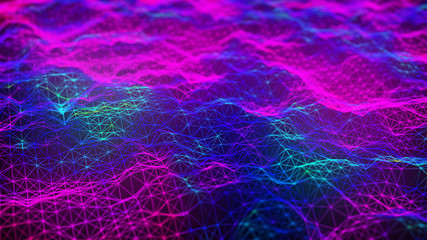 Cybernetic futuristic background. Big data visualization. Technological 3D landscape. Abstract grid illustration. 3D rendering. Artificial intelligence.
