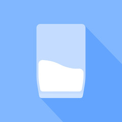 A glass of milk is depicted on a blue background.