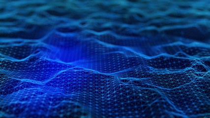 Cybernetic futuristic background. Big data visualization. Technological 3D landscape. Abstract grid illustration. 3D rendering. Artificial intelligence.