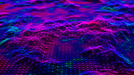 Cybernetic futuristic background. Big data visualization. Technological 3D landscape. Abstract grid illustration. 3D rendering. Artificial intelligence.