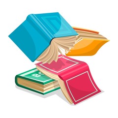 Blue, pink, green, yellow thick books falling down or flying. Unnecessary stuff in heap concept. Revising for exams at school, college, university. Vector cartoon illustration isolated on white.