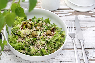 Green salad with olives, sun-dried tomatoes, sunflower seeds served with a sauce based on oil and herbs.
