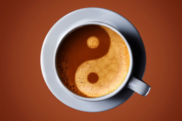 Cup of coffee on black background. Picture of the yin-yang in the coffee crema. top view. coffee in...