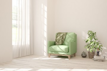 Stylish room in white color with armchair. Scandinavian interior design. 3D illustration