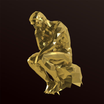Gold Thinker Man on Purple Background. Shiny Metallic Golden Low Poly Vector 3D Rendering