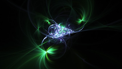 Abstract transparent green and blue crystal shapes. Fantasy light background. Digital fractal art. 3d rendering.