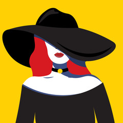 Girl in hat in pop art style fashion woman. Vector graphics.