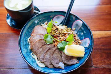 Asian beef noodle breakfast