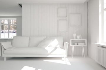 Mock up of stylish room in white color with sofa. Scandinavian interior design. 3D illustration