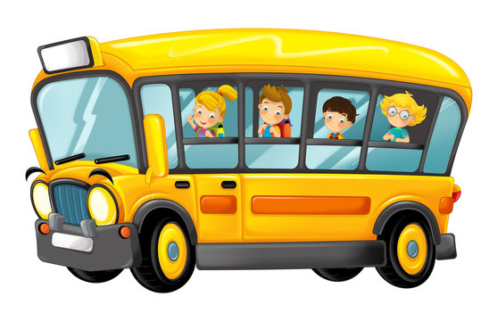 funny looking cartoon yellow bus with pupils on white background - illustration for children
