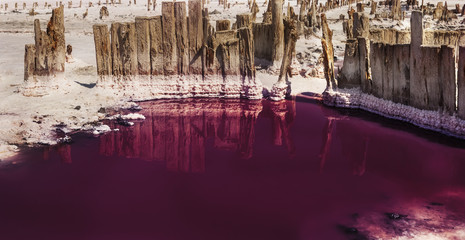 Old wooden posts left after mining salt on the shore of a salt lake. Bars in salt on a salty pink lake with bright pink water. Reflection of clouds in the water surface.