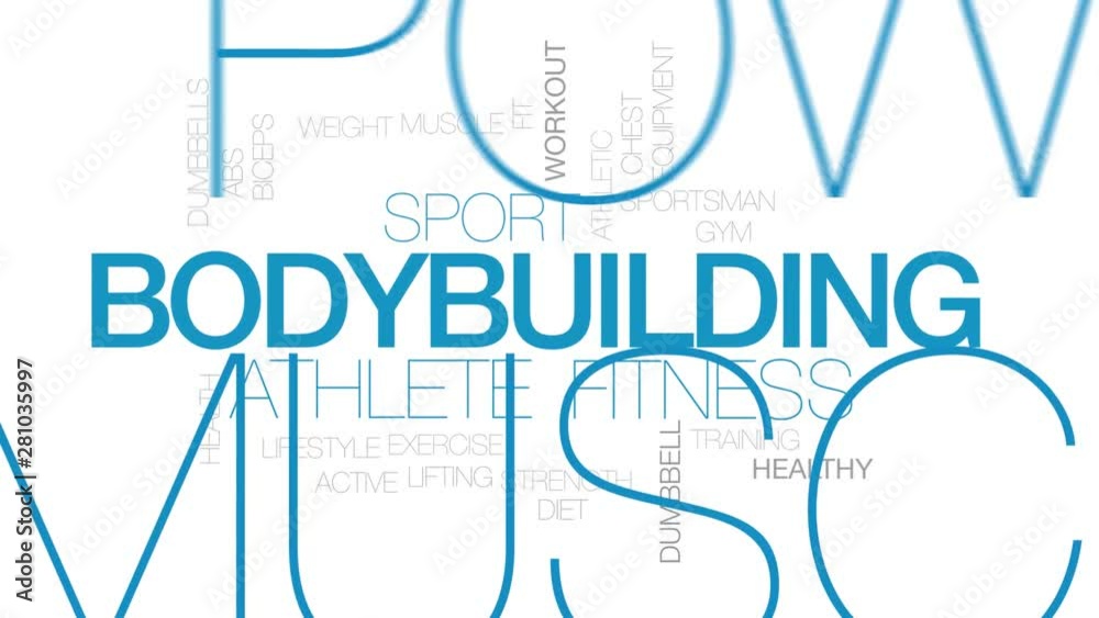 Poster bodybuilding animated word cloud. kinetic typography.