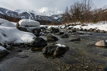 冬の川と白馬岳