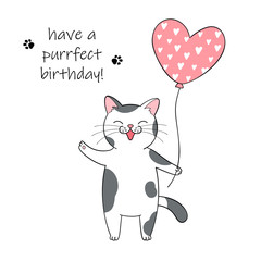 Cute cartoon cat holding a balloon. Hand drawn illustration for birthday greeting card