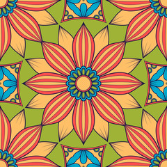 Decorative colorful ethnic seamless pattern for fabric or wrapping in oriental style. Hand drawn illustration