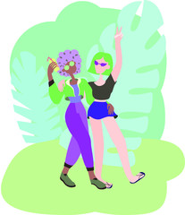 Two girls girlfriends walk hugs relax and rejoice