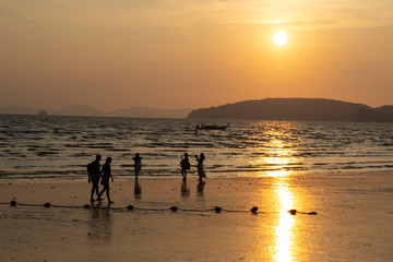  beautiful sunset in Thailand on Ao Nang beach in Krabi province