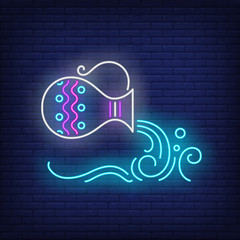 Aquarius neon sign. Water bearer, jug, pouring. Astrological sign concept. Vector illustration in neon style, glowing element for topics like zodiac, astrology, horoscope - obrazy, fototapety, plakaty