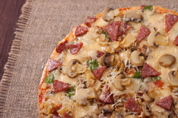 Freshly baked pizza with mushrooms, salami and cheese