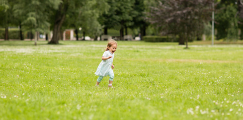 Fototapeta premium childhood, leisure and people concept - happy little baby girl running at park in summer