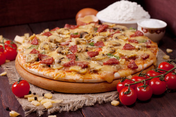 Freshly baked pizza with mushrooms, salami and cheese