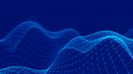 Wave 3d. Wave of particles. Abstract Blue Geometric Background. Big data visualization. Data technology abstract futuristic illustration. 3d rendering.