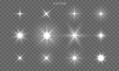 Star shines and light glow sparks, vector bright flare sparkles. Star flash effect on transparent background, isolated sun starlight and shiny lens rays set