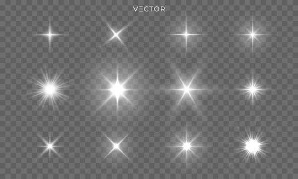 Star shines and light glow sparks, vector bright flare sparkles. Star flash effect on transparent background, isolated sun starlight and shiny lens rays set