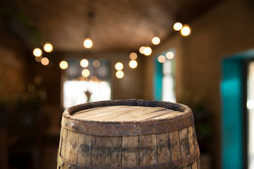 blurred background of bar and dark brown desk space of retro wood