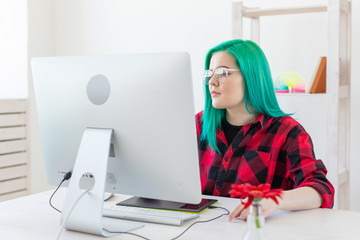 Illustrator, graphic designer, animator and artist concept - creator woman with beautiful green...