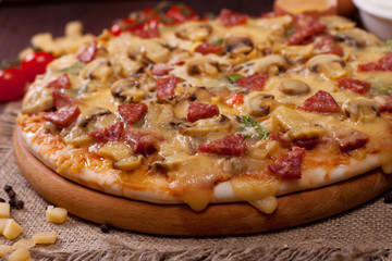Freshly baked pizza with mushrooms, salami and cheese