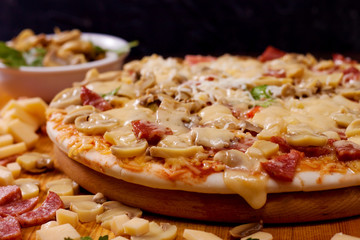 Freshly baked pizza with mushrooms, salami and cheese