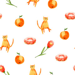 Seamless pattern of watercolor cat, orange, donut, flower. Bright illustration isolated on white. Hand painted template perfect for trendy design, poster, wallpaper, fabric textile