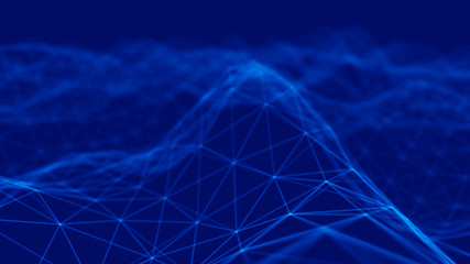 Wave 3d. Wave of particles. Abstract Blue Geometric Background. Big data visualization. Data technology abstract futuristic illustration. 3d rendering.