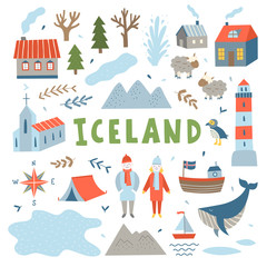 Iceland vector travel set. Tourism illustrations with nature elements, animals, architecture and people. Cute adventure collection