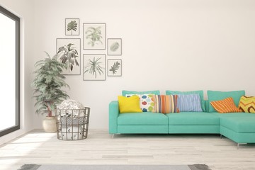 Stylish room in white color with sofa. Scandinavian interior design. 3D illustration