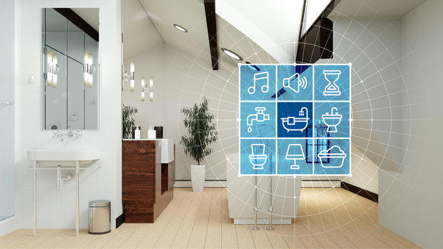 Badezimmer mit Smart Home Technologie Interface