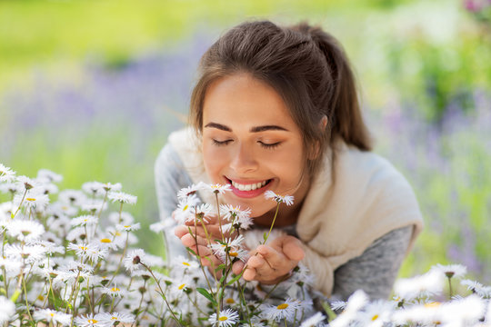 Gardening And People Concept - Close Up Of Happy Young Woman Smelling Chamomile Flowers At Summer Garden